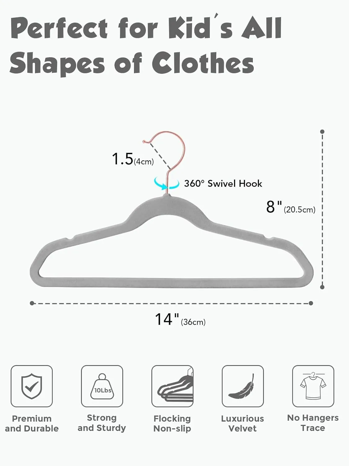 Smartor Kids Velvet Hangers 50 Pack, 14'' Inch Premium Non Slip Kids Felt Hangers for Closet, Space Saving Toddler Clothes Hanger for Youth's Childrens' Clothes (Rose Gold Hook)- Grey
