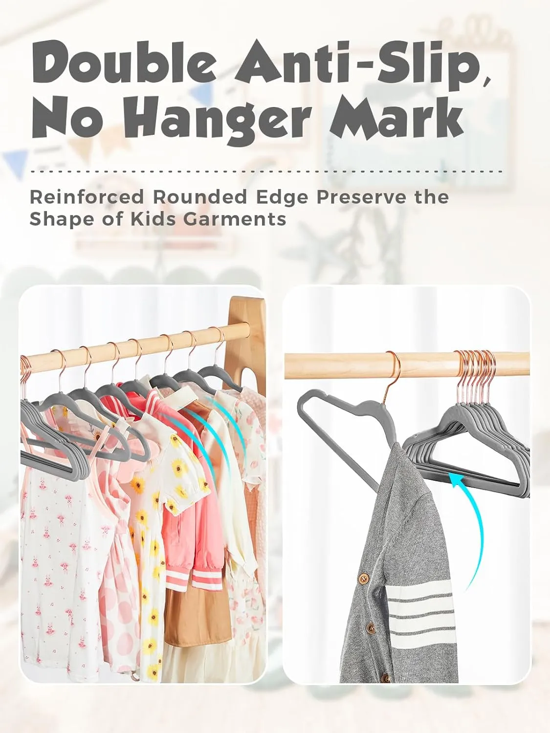 Smartor Kids Velvet Hangers 50 Pack, 14'' Inch Premium Non Slip Kids Felt Hangers for Closet, Space Saving Toddler Clothes Hanger for Youth's Childrens' Clothes (Rose Gold Hook)- Grey