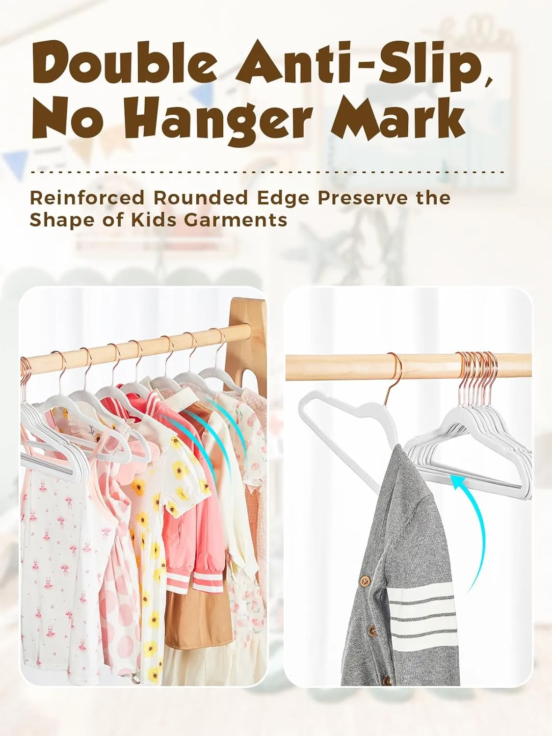 Smartor Kids Velvet Hangers 50 Pack, 14'' Inch Premium Non Slip Kids Felt Hangers for Closet, Space Saving Toddler Clothes Hanger for Youth's Childrens' Clothes (Rose Gold Hook)- White