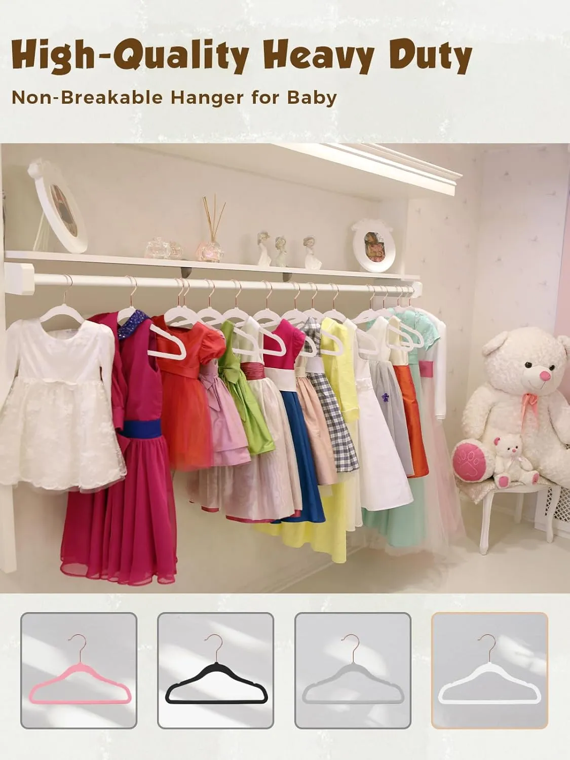 Smartor Kids Velvet Hangers 50 Pack, 14'' Inch Premium Non Slip Kids Felt Hangers for Closet, Space Saving Toddler Clothes Hanger for Youth's Childrens' Clothes (Rose Gold Hook)- White