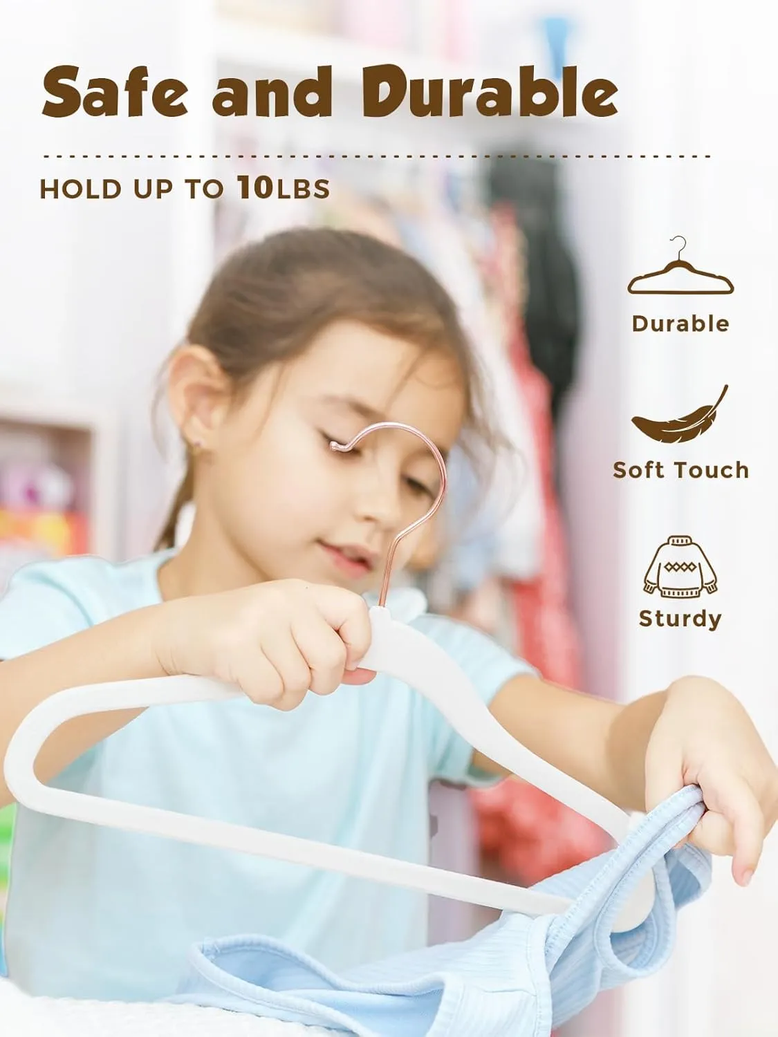 Smartor Kids Velvet Hangers 50 Pack, 14'' Inch Premium Non Slip Kids Felt Hangers for Closet, Space Saving Toddler Clothes Hanger for Youth's Childrens' Clothes (Rose Gold Hook)- White