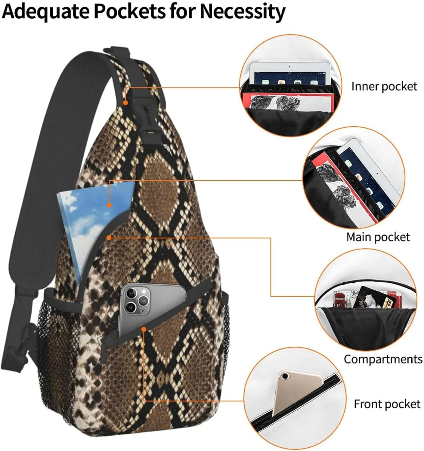 Snakeskin Crossbody Bag Snake Shoulder Bag Backpack Funny Sling Bag Chest Casual Daypack for Outdoor