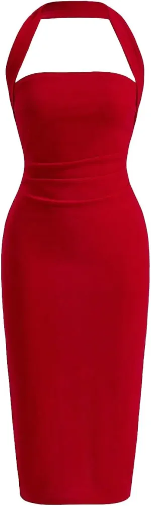 SOLY HUX Women's Halter Bodycon Dress Split Hem Midi Dress Backless Elegant Pencil Dresses