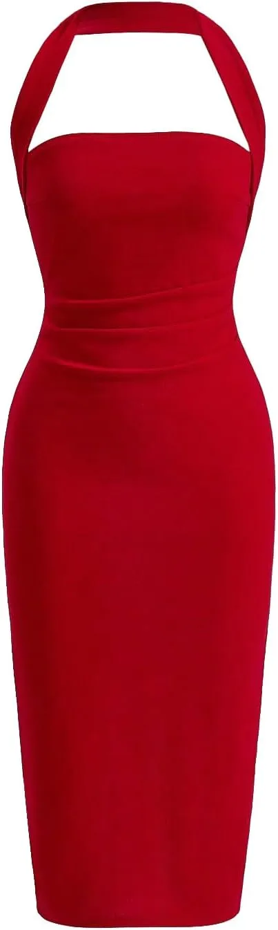 SOLY HUX Women's Halter Bodycon Dress Split Hem Midi Dress Backless Elegant Pencil Dresses