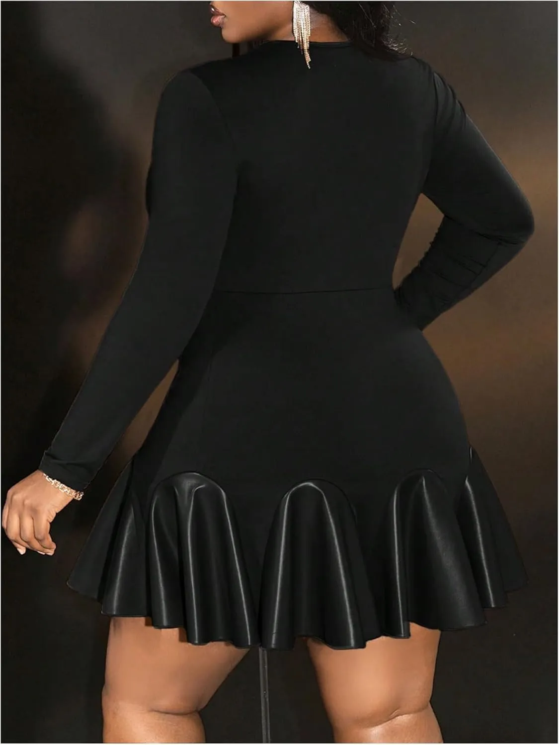 SOLY HUX Women's Plus Size Long Sleeve Ruffle Mini Dress PU Leather Cocktail Party Dresses