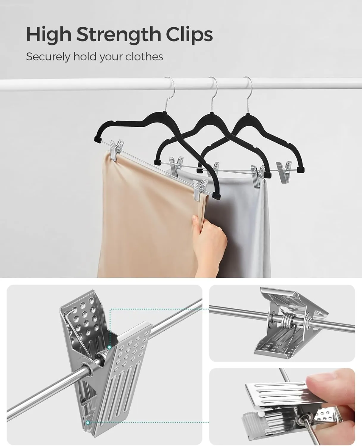 SONGMICS 20-Pack Pants Hangers, 16.7-Inch Long Velvet Hangers with Adjustable Clips, Heavy-Duty, Non-Slip Skirt Hangers, Space-Saving for Pants, Skirts, Coats, Dresses, Black UCRF012B20