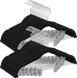 SONGMICS 30-Pack Pants Hangers, 16.7-Inch Long Velvet Hanger with Adjustable Clips, Heavy-Duty, Non-Slip Skirt Hangers, Space-Saving for Pants, Skirts, Coats, Dresses, Black UCRF12B30