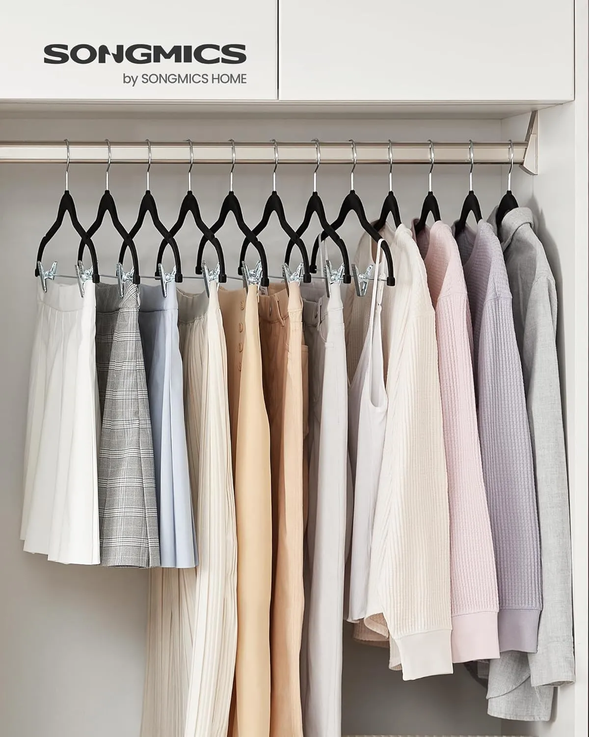 SONGMICS 30-Pack Pants Hangers, 16.7-Inch Long Velvet Hanger with Adjustable Clips, Heavy-Duty, Non-Slip Skirt Hangers, Space-Saving for Pants, Skirts, Coats, Dresses, Black UCRF12B30