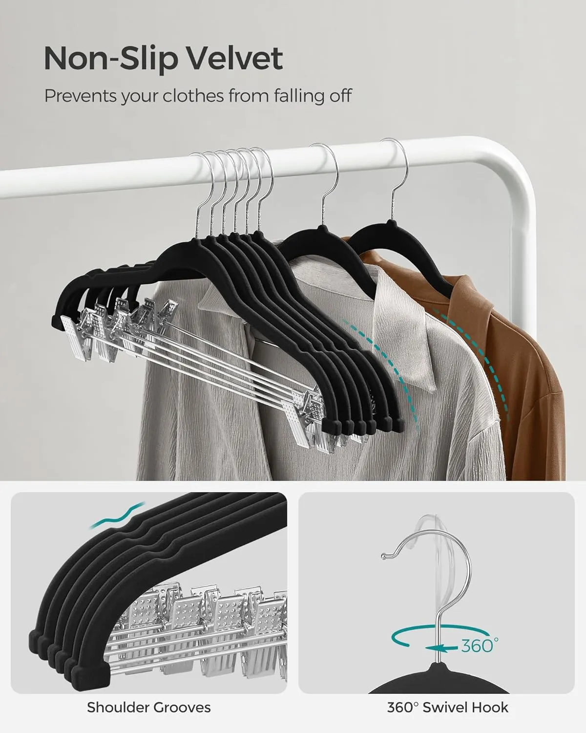 SONGMICS 30-Pack Pants Hangers, 16.7-Inch Long Velvet Hanger with Adjustable Clips, Heavy-Duty, Non-Slip Skirt Hangers, Space-Saving for Pants, Skirts, Coats, Dresses, Black UCRF12B30
