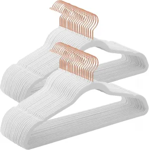 SONGMICS Velvet Hangers 50 Pack, Non-Slip With Rose Gold-Colored Swivel Hooks, Slim Space-Saving for Closet, Heavy-Duty, White UCRF026W03