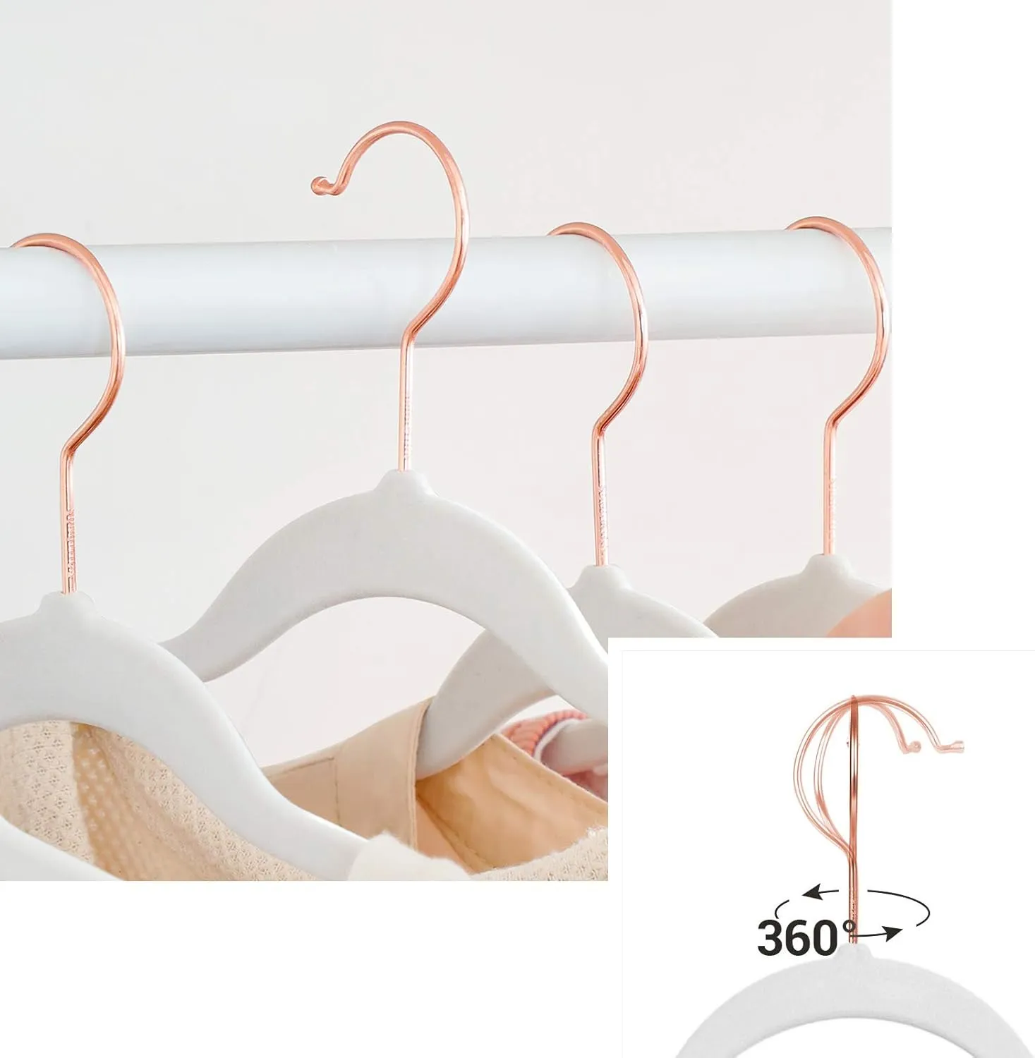 SONGMICS Velvet Hangers 50 Pack, Non-Slip With Rose Gold-Colored Swivel Hooks, Slim Space-Saving for Closet, Heavy-Duty, White UCRF026W03