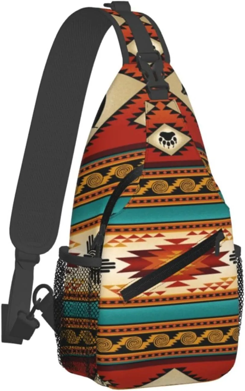 Southwest Native American Indian Aztec Bear Men'S Crossbody Bag Travel Hiking Shoulder Backpack Chest Bag
