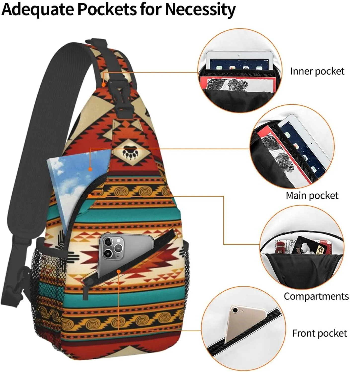 Southwest Native American Indian Aztec Bear Men'S Crossbody Bag Travel Hiking Shoulder Backpack Chest Bag