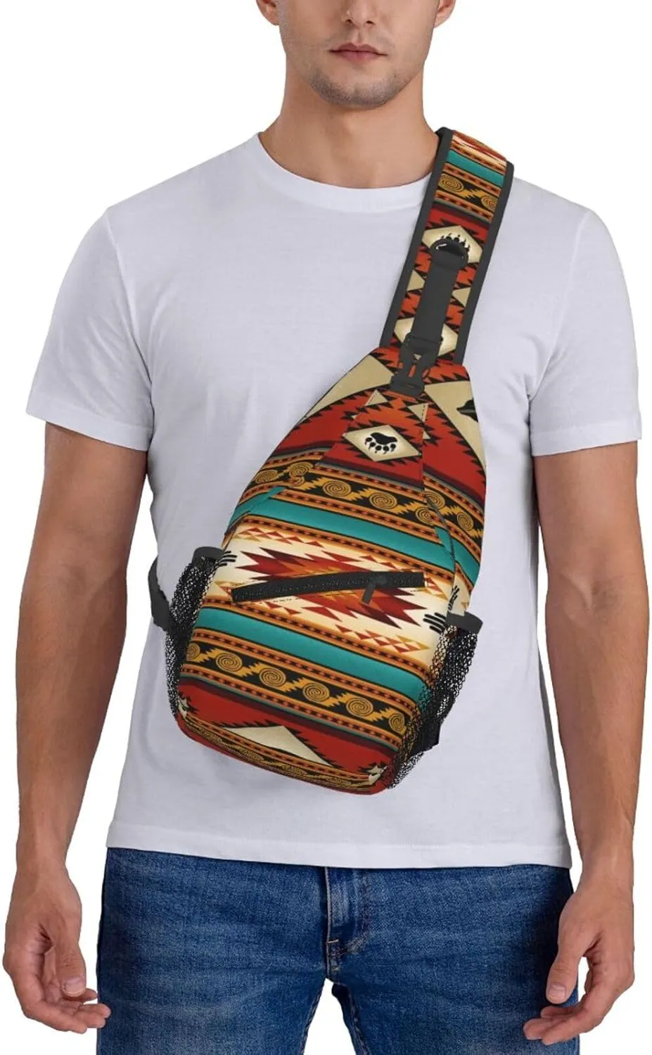Southwest Native American Indian Aztec Bear Men'S Crossbody Bag Travel Hiking Shoulder Backpack Chest Bag