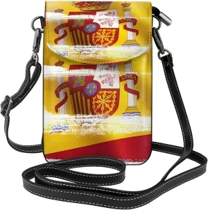 Spain Flag Crossbody Bag, Leather Crossbody Flap Mobile Phone Bag.* Fashion Tassel Wallet Designed For Women.