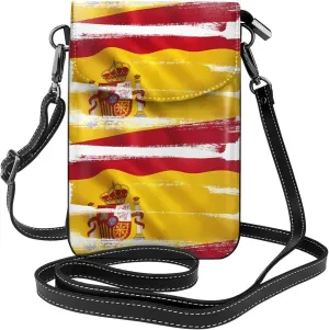 Spain Flag Leather Cross Body Flip Phone Bag With Detachable Shoulder Straps, Used For Travel, Dating, Holiday Gifts