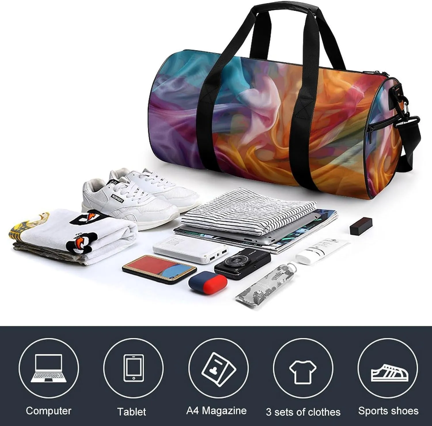 Sports Gym Bag for Women Men Travel Duffel Bag Hand Painted Silk Weekender Bag Canvas Carry on Overnight Bag for Travel Swimming Fitness Workout Sports Duffle Bag, 17.7in/9in/9in, style
