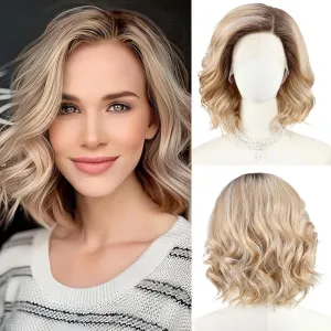 starluck Side Part Wavy Wig Blonde with Brown Root Layered Lace Front Bob Wig 14 Inch Shoulder Length Heat Resistant Synthetic Wig for White Women