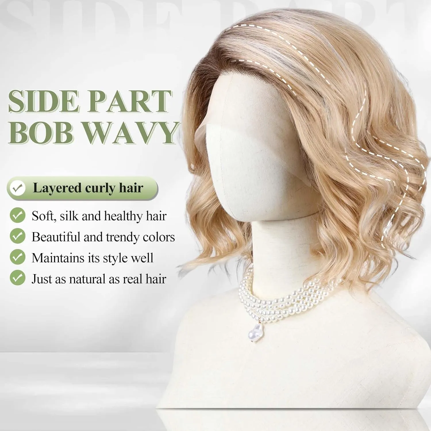 starluck Side Part Wavy Wig Blonde with Brown Root Layered Lace Front Bob Wig 14 Inch Shoulder Length Heat Resistant Synthetic Wig for White Women