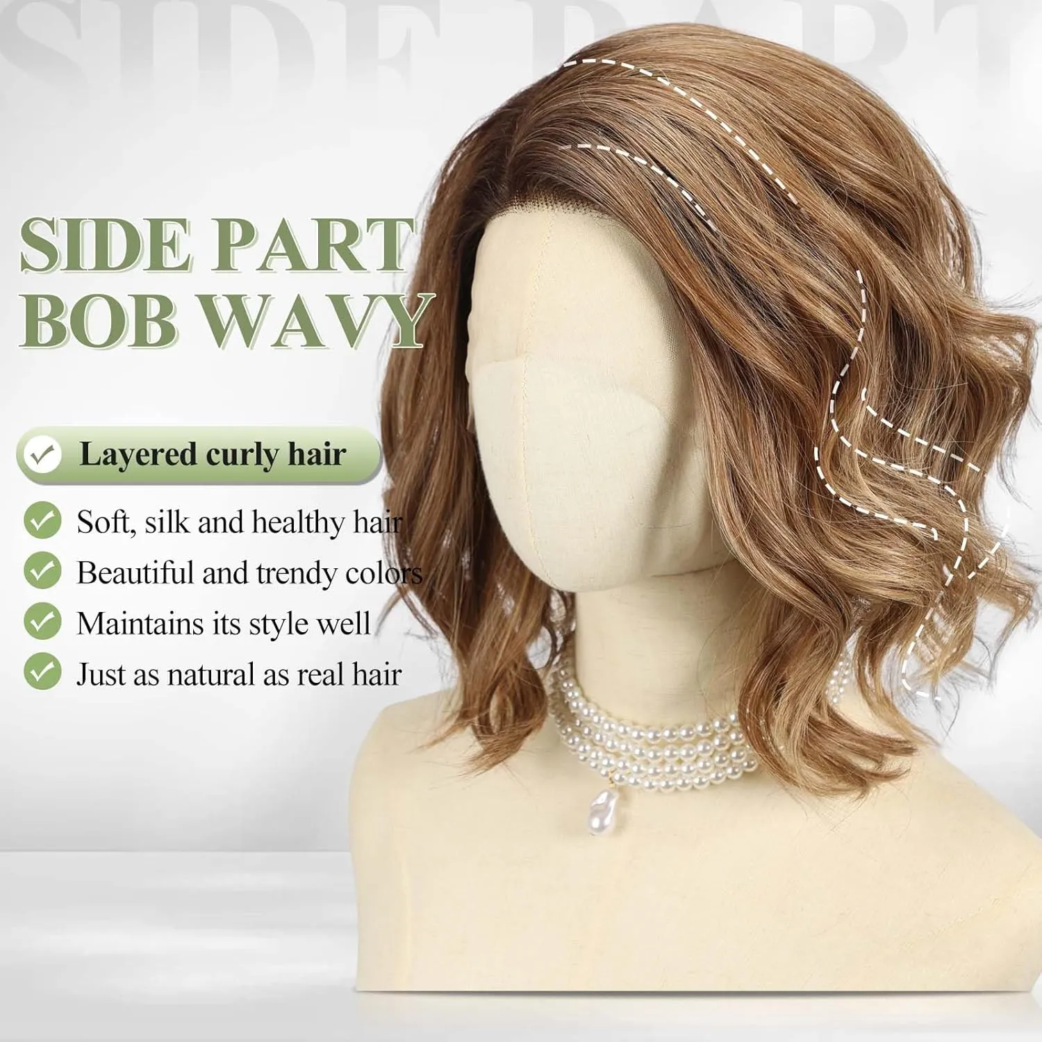 starluck Side Part Wavy Wig Ombre Brown Layered Lace Front Bob Wig 14 Inch Shoulder Length Heat Resistant Synthetic Wig for White Women