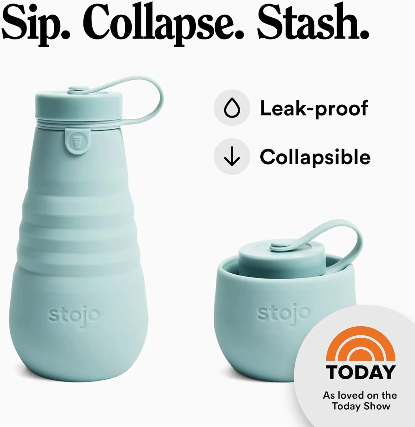 STOJO Collapsible Water Bottle - Aquamarine, 20oz / 592ml - Leak-Proof Reusable Silicone Travel Cup for Hot & Cold Drinks - Microwave & Dishwasher Safe