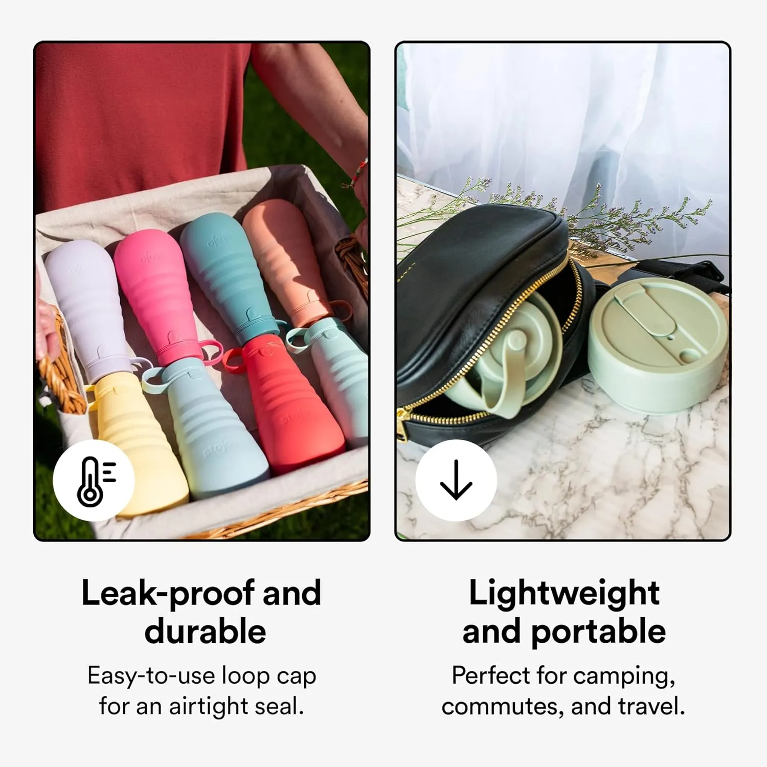 STOJO Collapsible Water Bottle - Aquamarine, 20oz / 592ml - Leak-Proof Reusable Silicone Travel Cup for Hot & Cold Drinks - Microwave & Dishwasher Safe