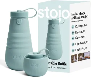 STOJO Collapsible Water Bottle - Aquamarine, 20oz / 592ml - Leak-Proof Reusable Silicone Travel Cup for Hot & Cold Drinks - Microwave & Dishwasher Safe