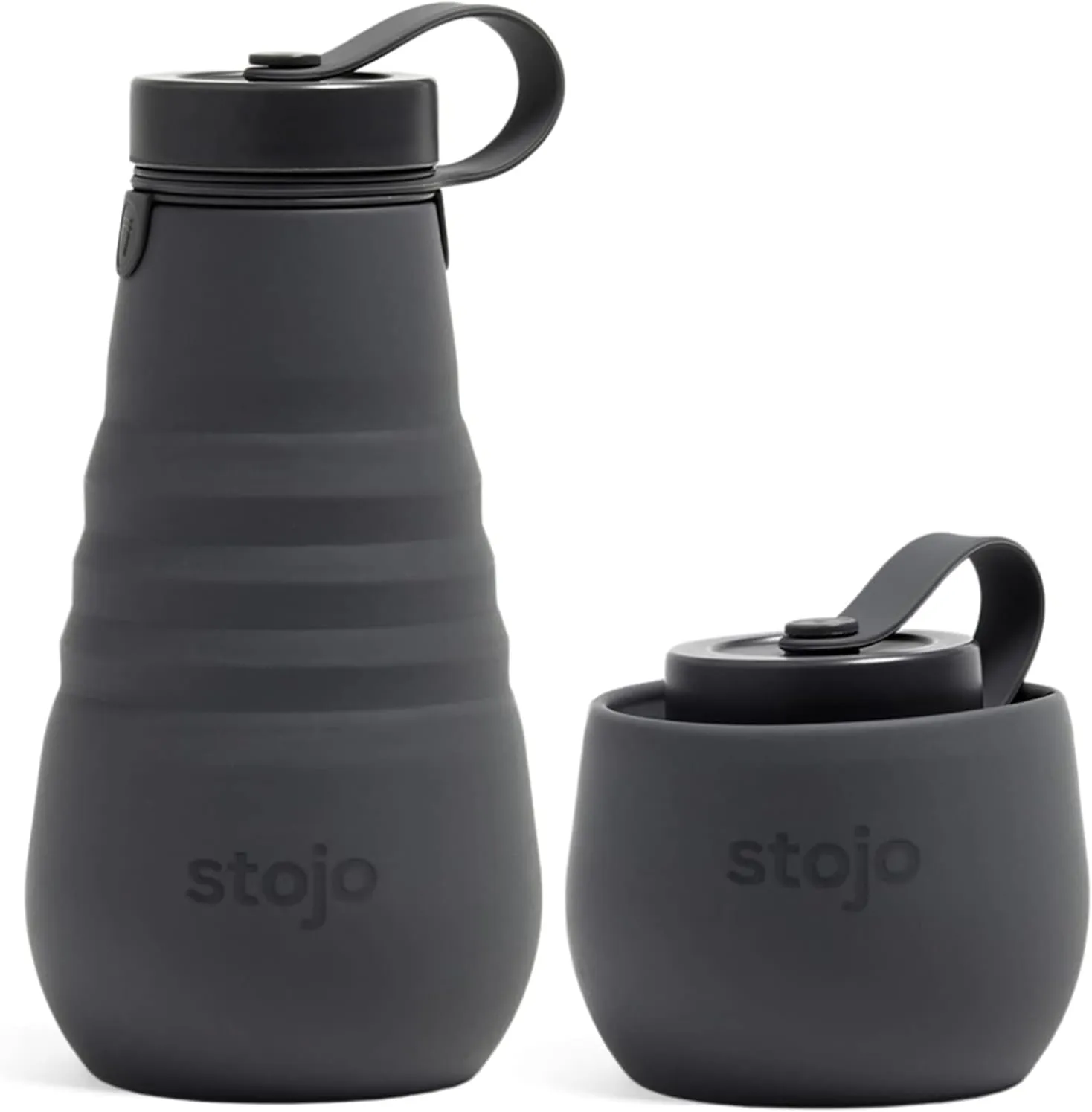 STOJO Collapsible Water Bottle – Carbon Gray, 20oz / 592ml - Leak-Proof Reusable Silicone Travel Cup for Hot & Cold Drinks - Microwave & Dishwasher Safe