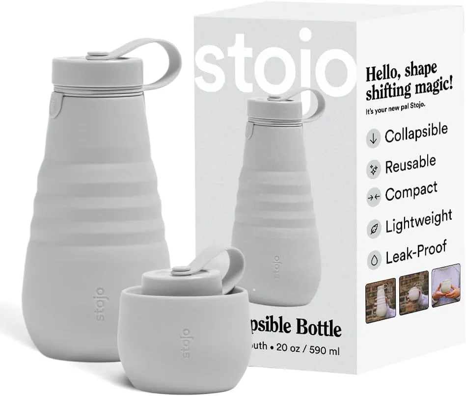 STOJO Collapsible Water Bottle – Cashmere Gray, 20oz / 592ml - Leak-Proof Reusable Silicone Travel Cup for Hot & Cold Drinks - Microwave & Dishwasher Safe