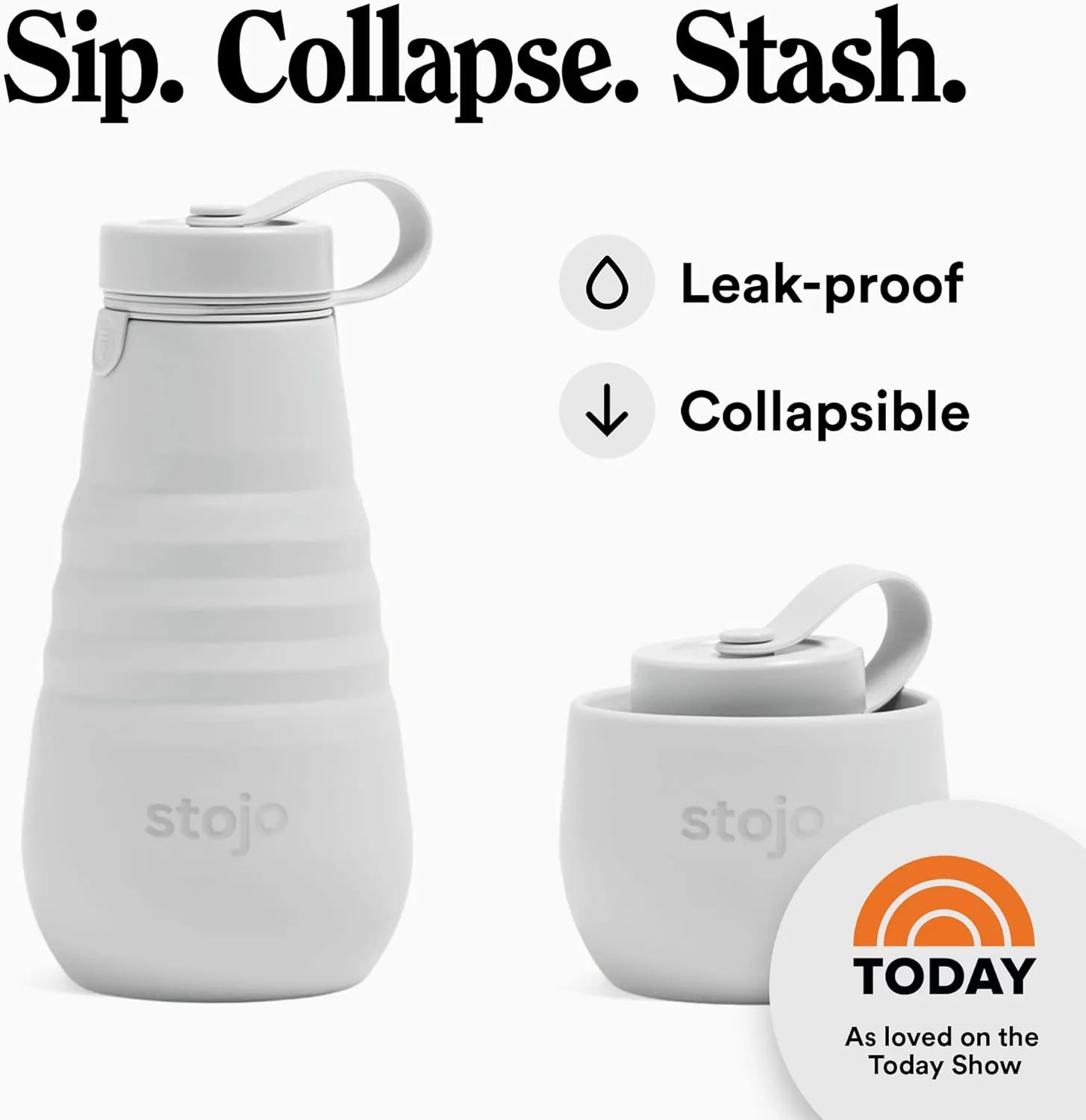 STOJO Collapsible Water Bottle – Cashmere Gray, 20oz / 592ml - Leak-Proof Reusable Silicone Travel Cup for Hot & Cold Drinks - Microwave & Dishwasher Safe