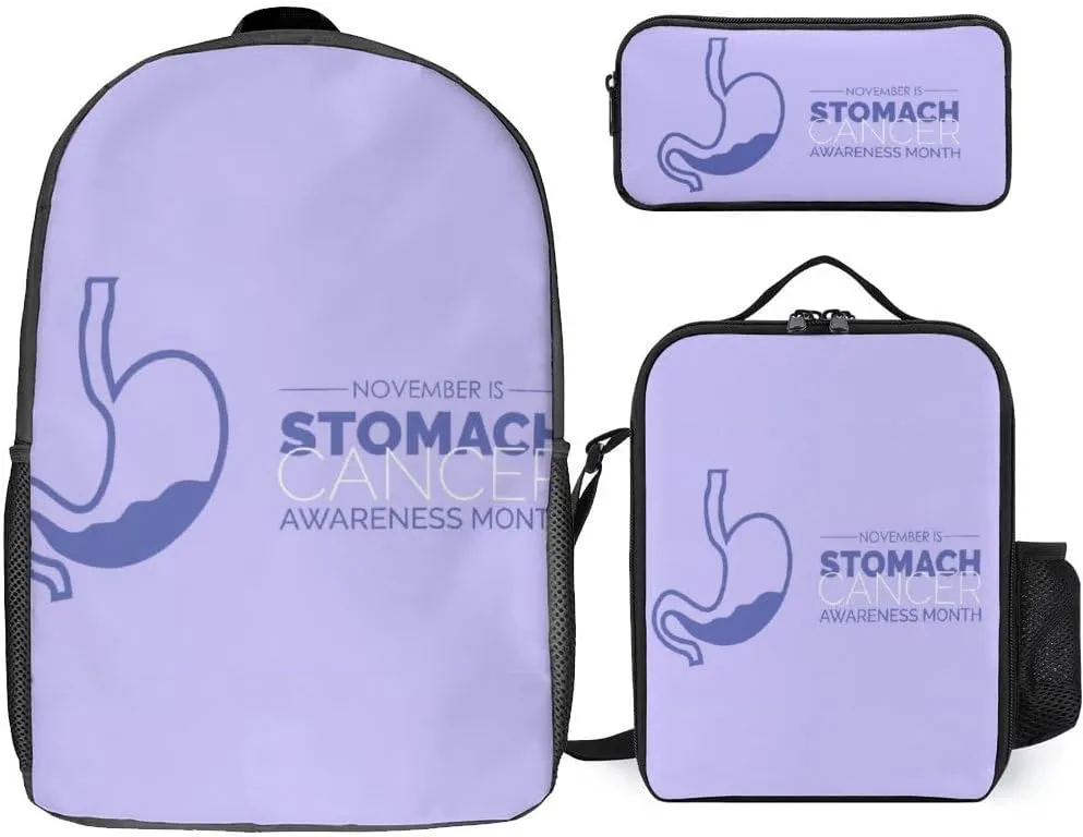 Stomach Cancer Awareness Periwinkle Ribbon 3 Piece Backpack Sets With Lunch Bag Pencil Case Combination Hiking Travel Work