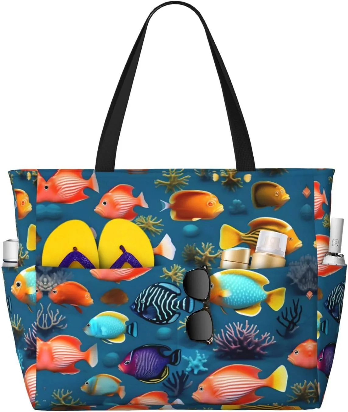 Submarine reef fish It is a large-capacity beach travel bag made of 100% polyester and has 7 pockets that can hold a lot of items.