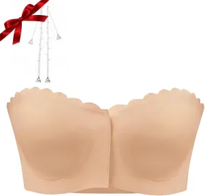 Surpassdo Seamless Front Closure Strapless Bandeau Bra,with Comfortable Wavy Edge,Shoulder Tops to Breezy Summer Dresses