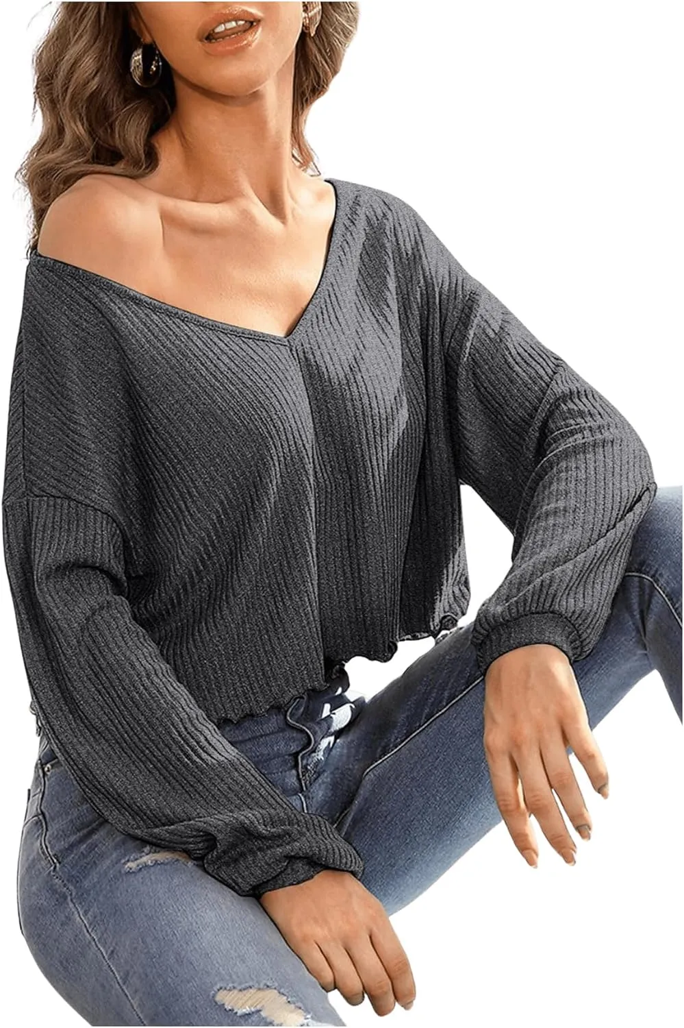 SweatyRocks Women's Long Sleeve Tee Shirt V Neck Ribbed Knit Lettuce Trim Crop Top