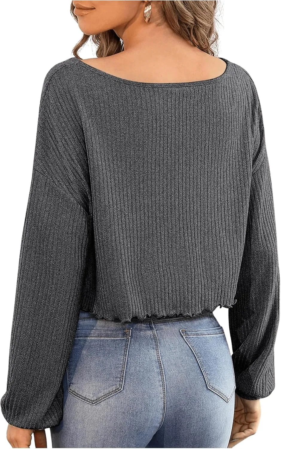 SweatyRocks Women's Long Sleeve Tee Shirt V Neck Ribbed Knit Lettuce Trim Crop Top