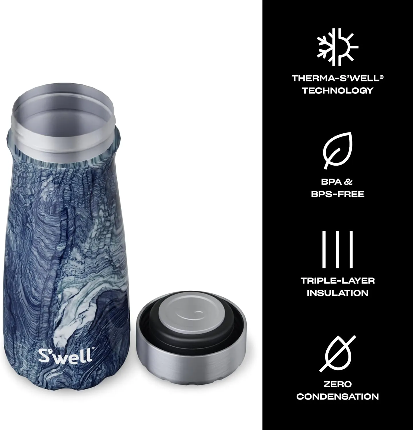 S'well Stainless Steel Traveler, 16oz, Azurite Marble, Triple Layered Vacuum Insulated Containers Keeps Drinks Cold for 24 Hours and Hot for 12, BPA Free, Easy Carrying On the Go