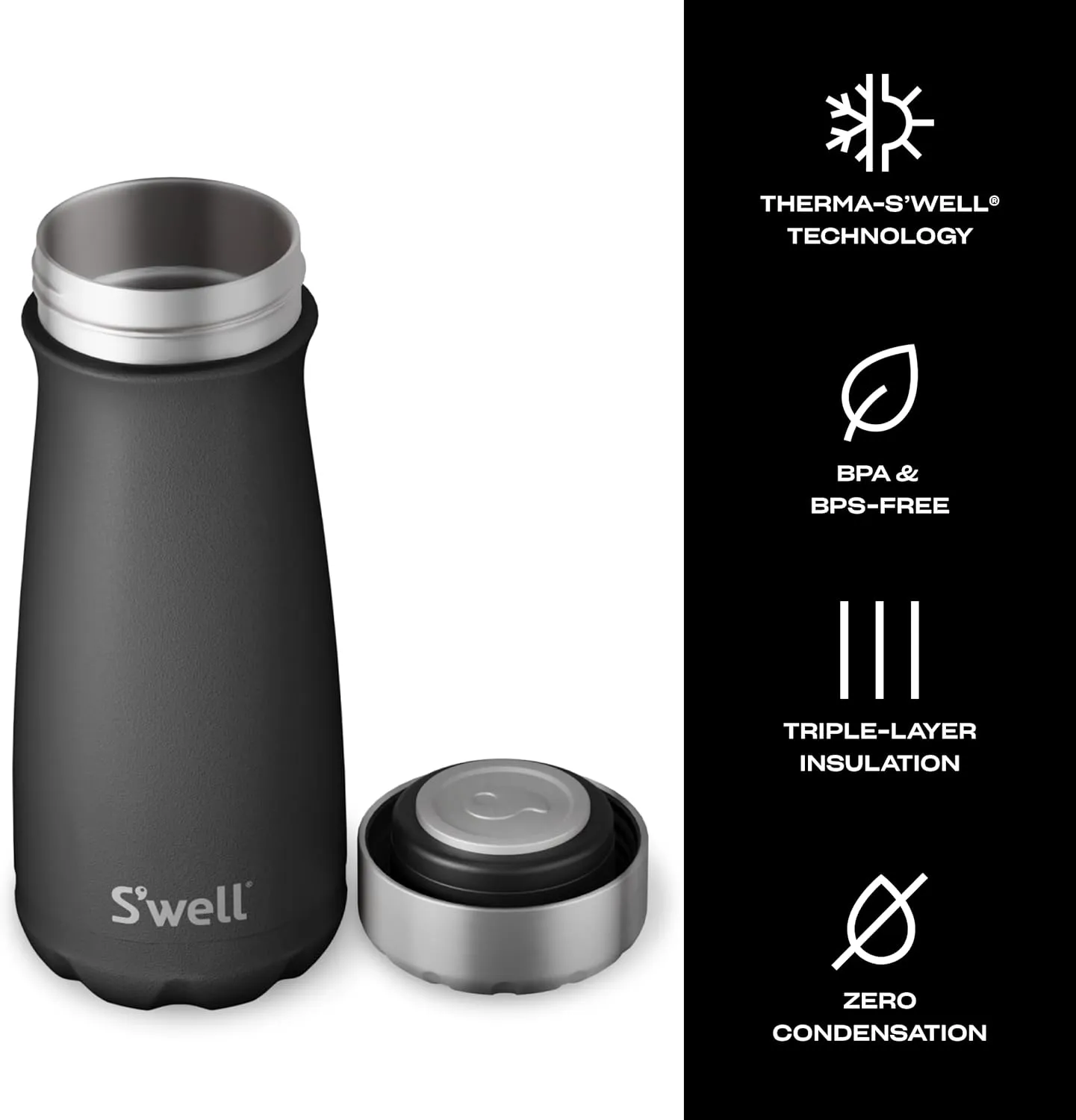 S'well Stainless Steel Traveler, 16oz, Onyx, Triple Layered Vacuum Insulated Containers Keeps Drinks Cold for 24 Hours and Hot for 12, BPA Free, Easy Carrying On the Go