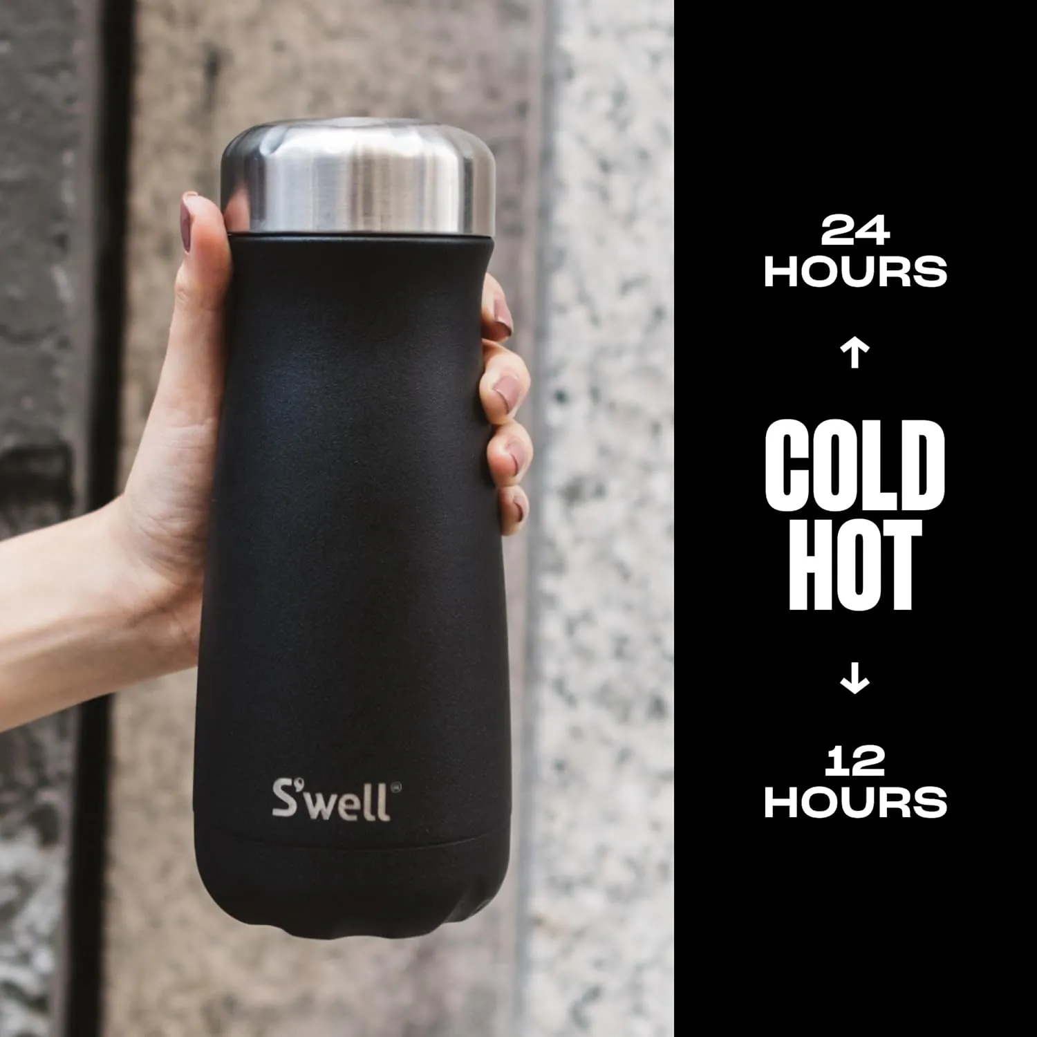 S'well Stainless Steel Traveler, 16oz, Onyx, Triple Layered Vacuum Insulated Containers Keeps Drinks Cold for 24 Hours and Hot for 12, BPA Free, Easy Carrying On the Go
