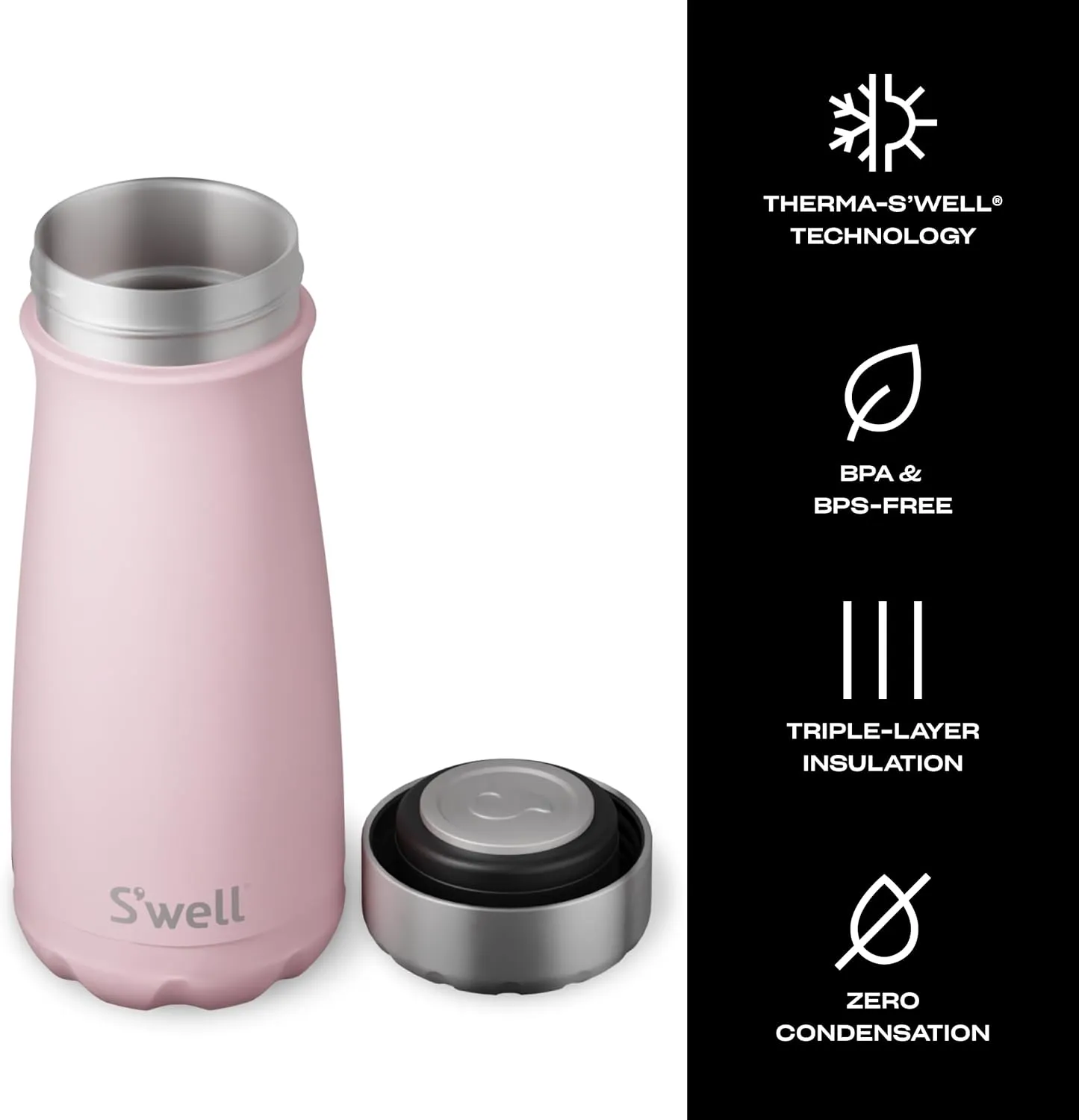 S'well Stainless Steel Traveler, 16oz, Pink Topaz, Triple Layered Vacuum Insulated Containers Keeps Drinks Cold for 24 Hours and Hot for 12, BPA Free, Easy Carrying On the Go