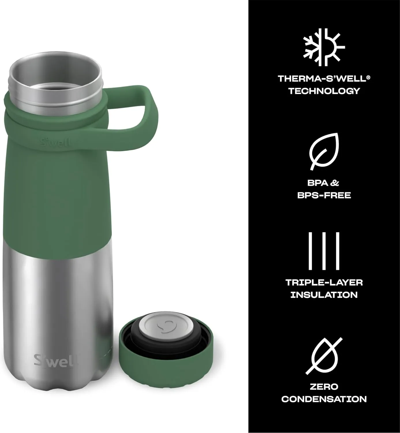 S'well Stainless Steel Traveler With Handle, 24oz, Matcha Silver Lining, Triple Layered Vacuum Insulated Containers Keeps Drinks Cold for 40 Hours and Hot for 16, BPA Free, Easy Carrying On the Go