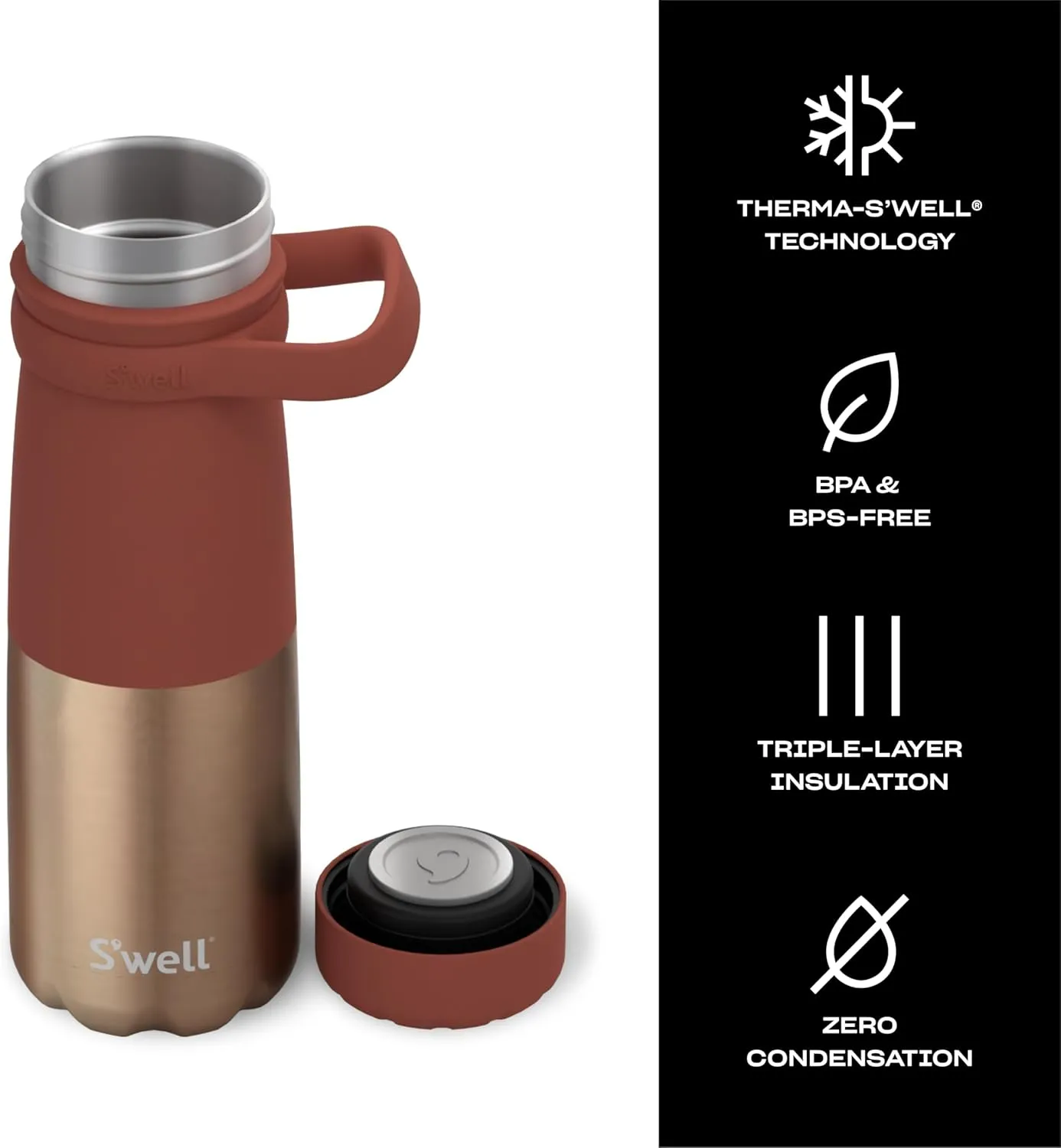 S'well Stainless Steel Traveler With Handle, 24oz, Mauve Pyrite, Triple Layered Vacuum Insulated Containers Keeps Drinks Cold for 40 Hours and Hot for 16, BPA Free, Easy Carrying On the Go