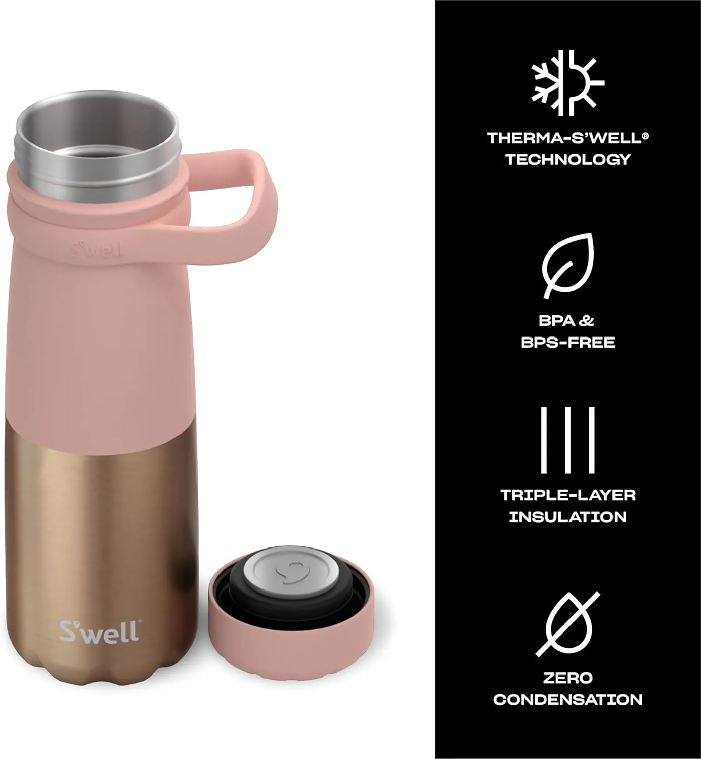 S'well Stainless Steel Traveler With Handle, 24oz, Pink Pyrite, Triple Layered Vacuum Insulated Containers Keeps Drinks Cold for 40 Hours and Hot for 16, BPA Free, Easy Carrying On the Go