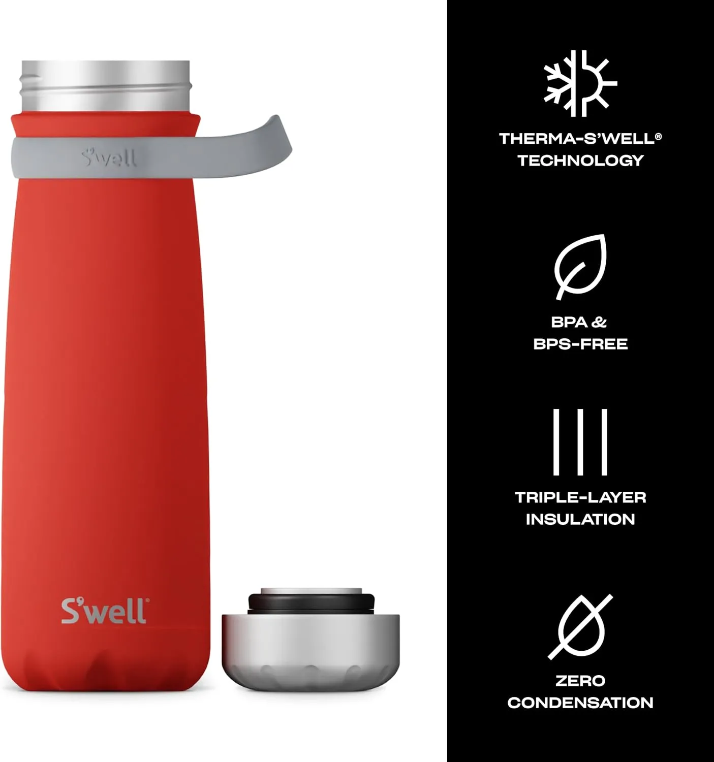 S'well Stainless Steel Traveler With Handle, 24oz, Poppy Red, Triple Layered Vacuum Insulated Containers Keeps Drinks Cold for 40 Hours and Hot for 16, BPA Free, Easy Carrying On the Go