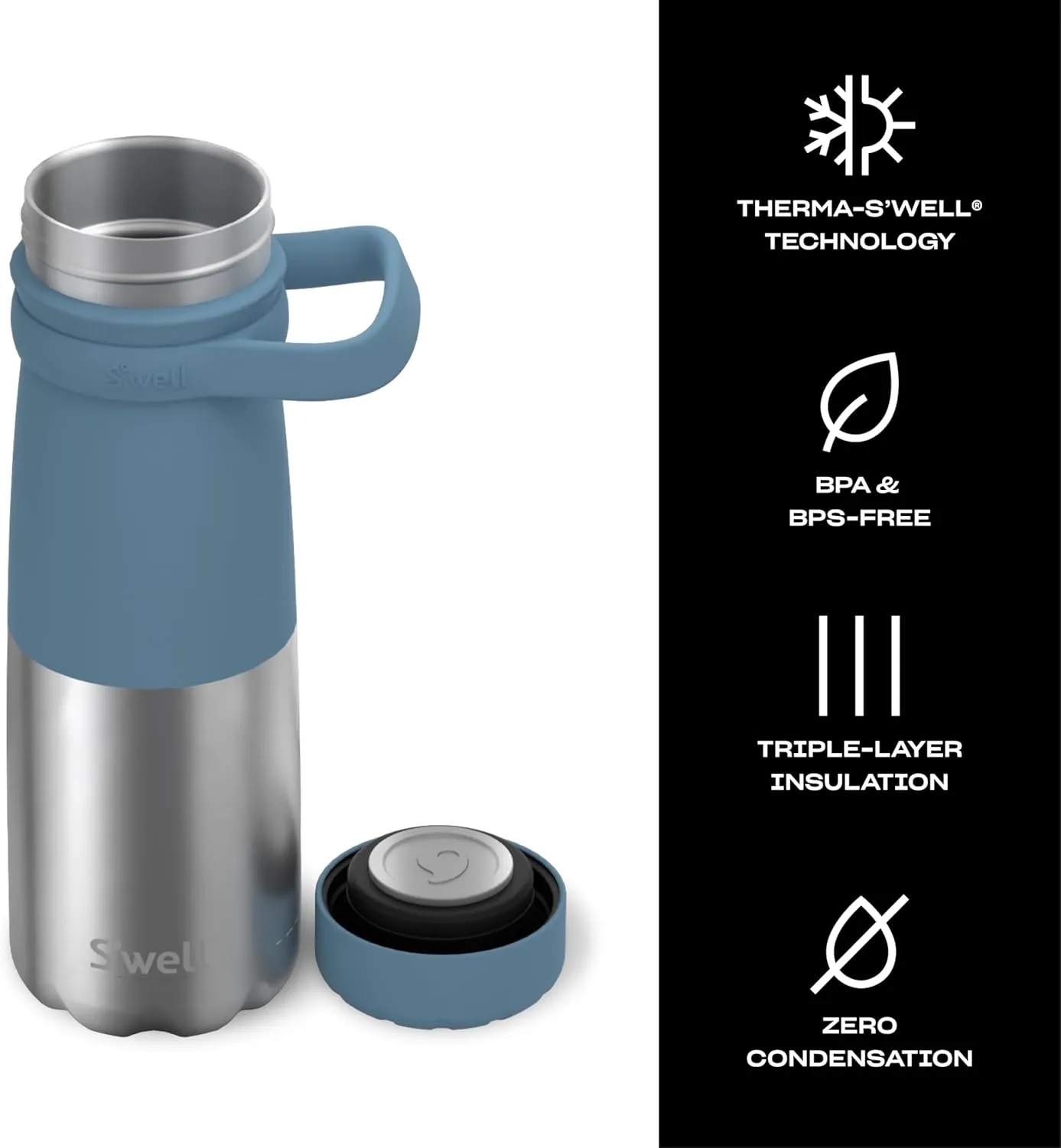 S'well Stainless Steel Traveler With Handle, 24oz, Sky Silver Lining, Triple Layered Vacuum Insulated Containers Keeps Drinks Cold for 40 Hours and Hot for 16, BPA Free, Easy Carrying On the Go