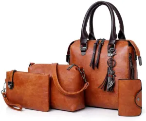 Synthetic PU Leather Tote for Women Satchel Crossbody Hobo 4pcs Handbags Shoulder Bags Tassel Fox Ornament