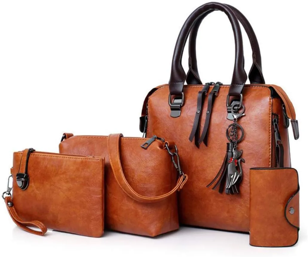 Synthetic PU Leather Tote for Women Satchel Crossbody Hobo 4pcs Handbags Shoulder Bags Tassel Fox Ornament