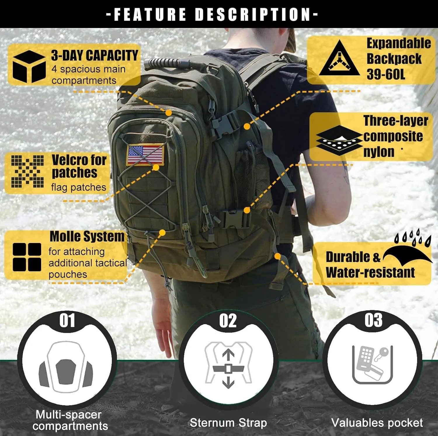 Tactical Backpack Military Army Daypack - Assault Pack for Men Molle Backpacks Bug Out Bag 3 Day Pack for Hiking Camping Travel Hunting Rucksack Trekking Green