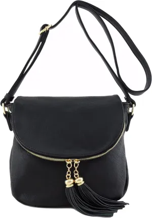 Tassel Accent Crossbody Bag with Flap Top (Black)