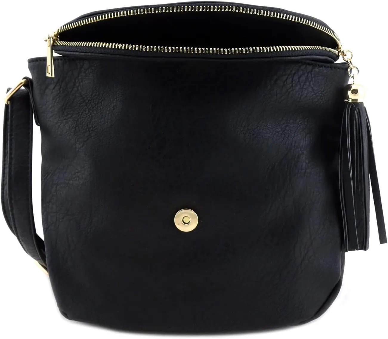 Tassel Accent Crossbody Bag with Flap Top (Black)