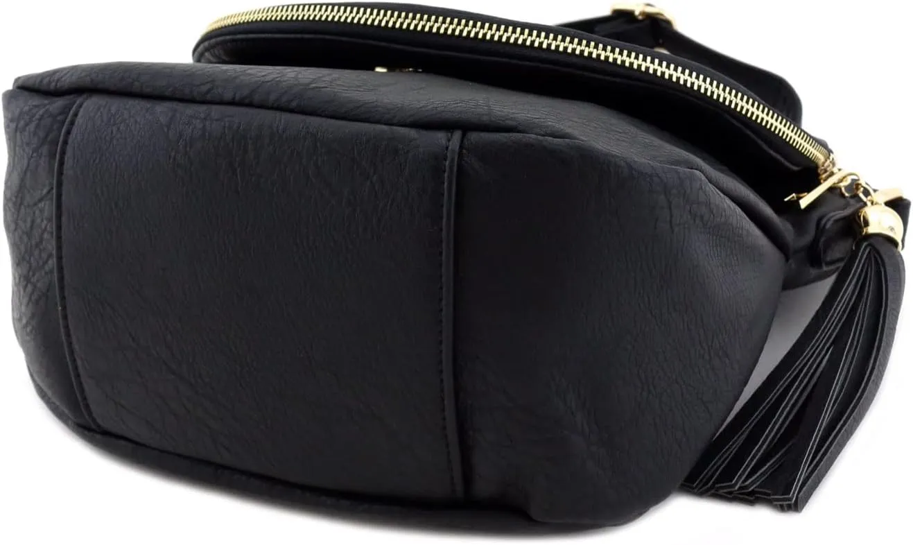 Tassel Accent Crossbody Bag with Flap Top (Black)